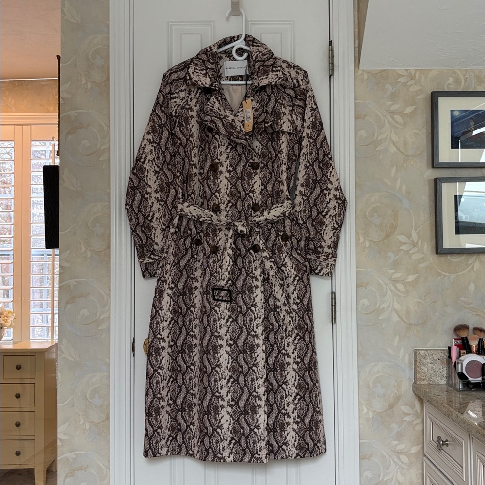 Rebecca Minkoff Snake Print Belted Doubled Breasted Trench Coat.